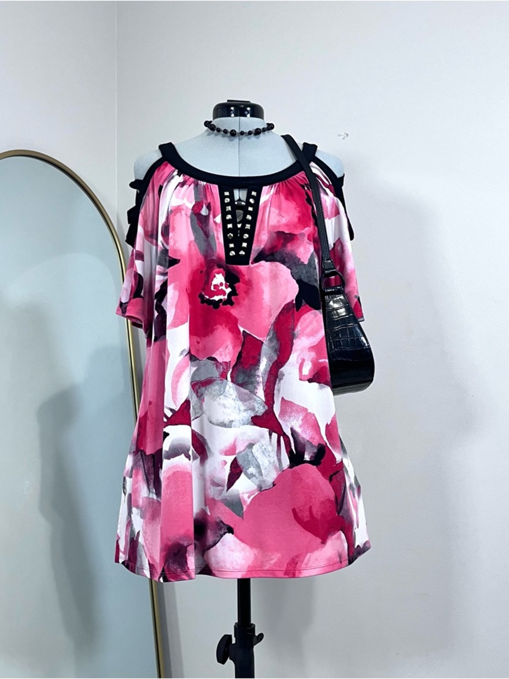 Pink Floral Cold-Shoulder Studded Neck Tunic Top